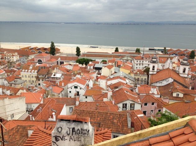 Looking over the Alfama district in Lisbon, with Lisbon Harbour behind